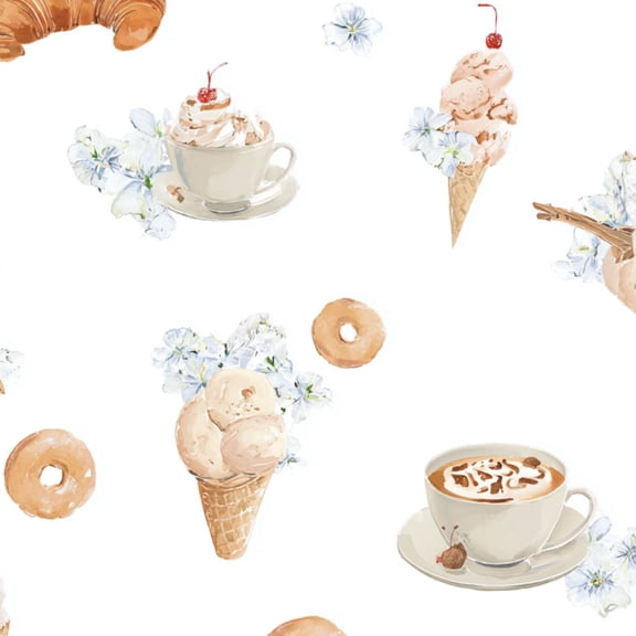 Peel and Stick Wallpaper Pastel Ice Cream Coffee Bakery Donuts Croissants Floral Wall Mural 17.7in x 9.8ft Self Adhesive Removable Wall Paper Renter Friendly Wallpaper for Nursery Bedroom Cabinets