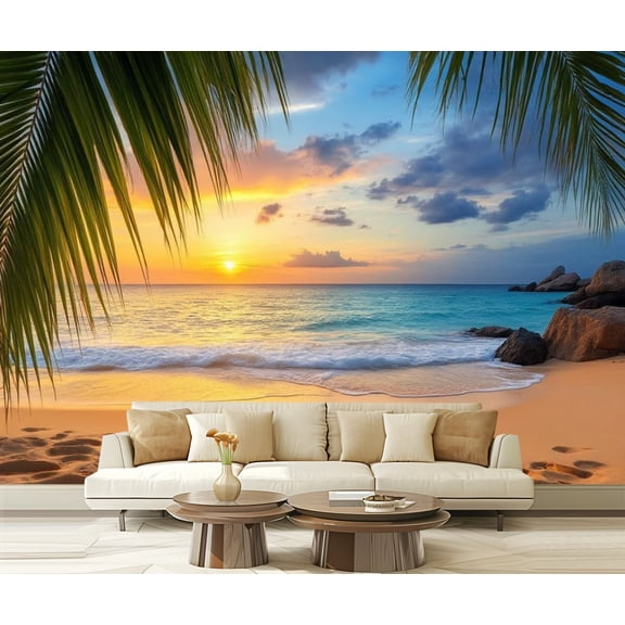 Peel and Stick Wallpaper Pastel Sunset Sky Tropical Beach Shore Nature Wilderness Rustic Modern Art Wall Mural Decor Self Adhesive and Removable 69in x 98in