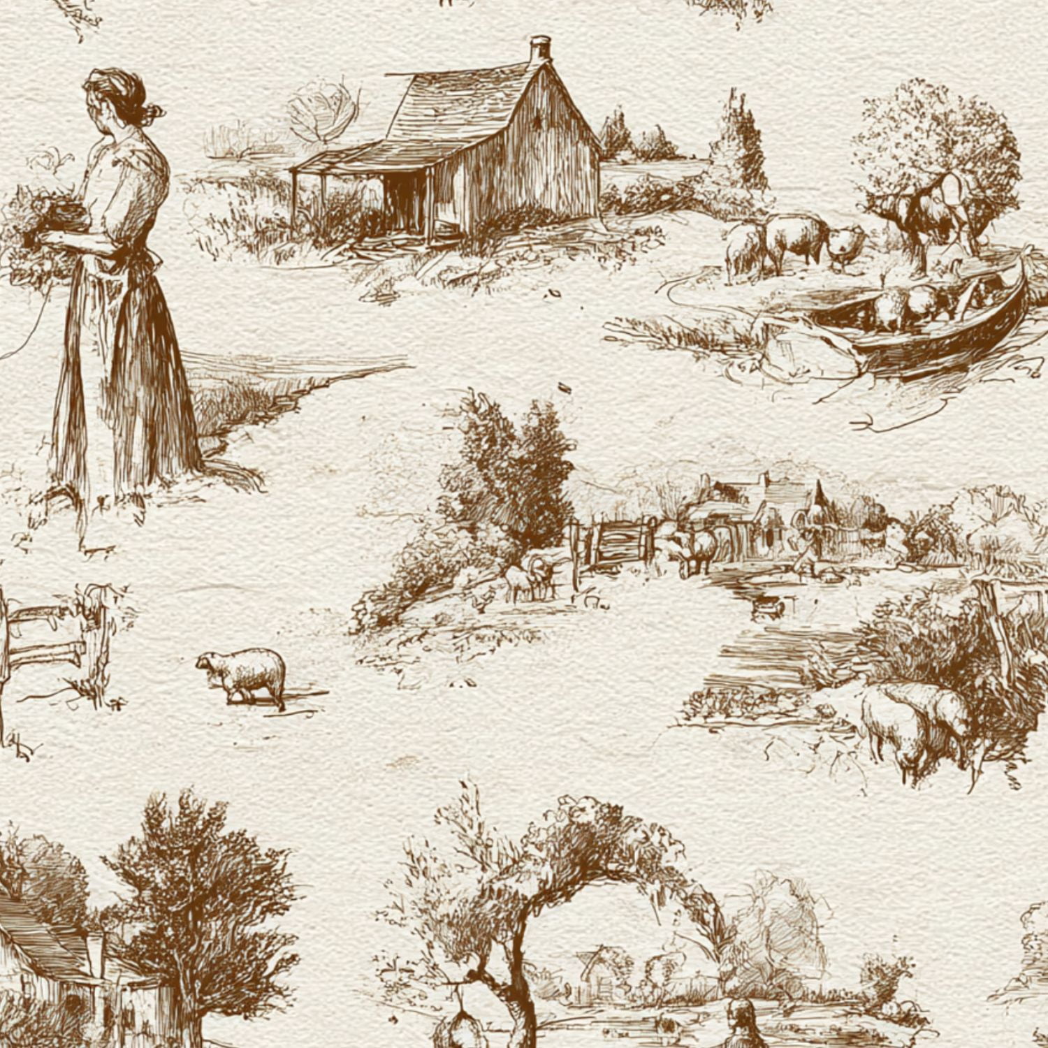 Peel and Stick Wallpaper Pastoral Countryside Toile Farmhouses Sheep River Wall Mural 17.7in x 9.8ft Self Adhesive Removable Wall Paper Renter Friendly Wallpaper for Nursery Bedroom Cabinets