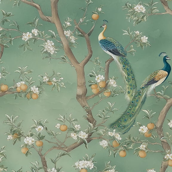Peel and Stick Wallpaper Peacock Birds Blooming Orange Trees Floral Wall Mural 23.6in x 9.8ft Self Adhesive Removable Wall Paper Renter Friendly Wallpaper for Nursery Bedroom Cabinets