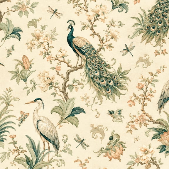 Peel and Stick Wallpaper Peacock Crane Floral Toile Vintage Botanical Motifs Soft Cream 17.7in x 118in Contact Paper Removable Self Adhesive Wall Mural Wall Decor for Bedroom Kitchen Cabinets