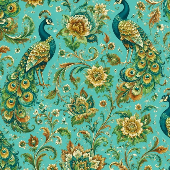 Peel and Stick Wallpaper Peacock Floral Damask Turquoise Gold Vintage Ornamental Style 17.7in x 118in Contact Paper Removable Self Adhesive Wall Mural Wall Decor for Bedroom Kitchen Cabinets