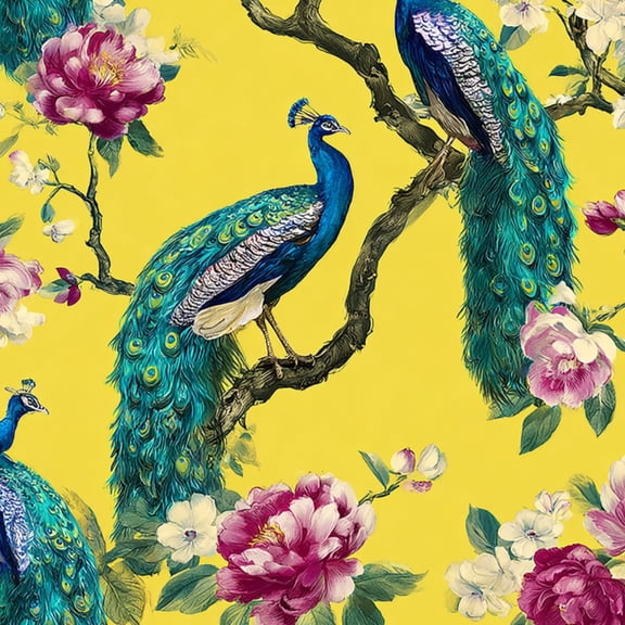 Peel and Stick Wallpaper Peacock Floral Vibrant Blue Feathers Yellow Wall Mural 23.6in x 9.8ft Self Adhesive Removable Wall Paper Renter Friendly Wallpaper for Nursery Bedroom Cabinets