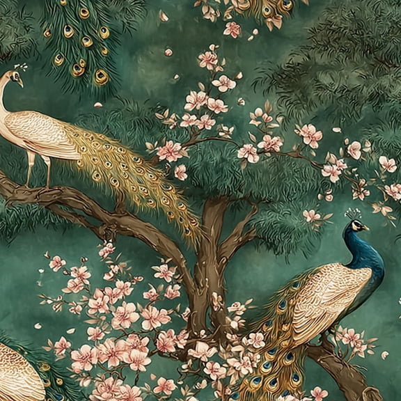 Peel and Stick Wallpaper Peacocks Blossom Trees Vibrant Feathers Green Wall Mural 17.7in x 9.8ft Self Adhesive Removable Wall Paper Renter Friendly Wallpaper for Nursery Bedroom Cabinets