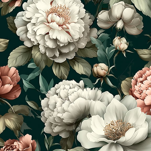 Peel and Stick Wallpaper Peony Floral Cream Peach Blossoms Dark Green Vintage Wall Mural 17.7in x 9.8ft Self Adhesive Removable Wall Paper Renter Friendly Wallpaper for Nursery Bedroom Cabinets