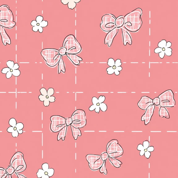 Peel and Stick Wallpaper Pink Bow Flower White checkered floral modern Wall Mural 23.6in x 9.8ft Self Adhesive Removable Wall Paper Renter Friendly Wallpaper for Girls Bedroom Nursery Livingroom