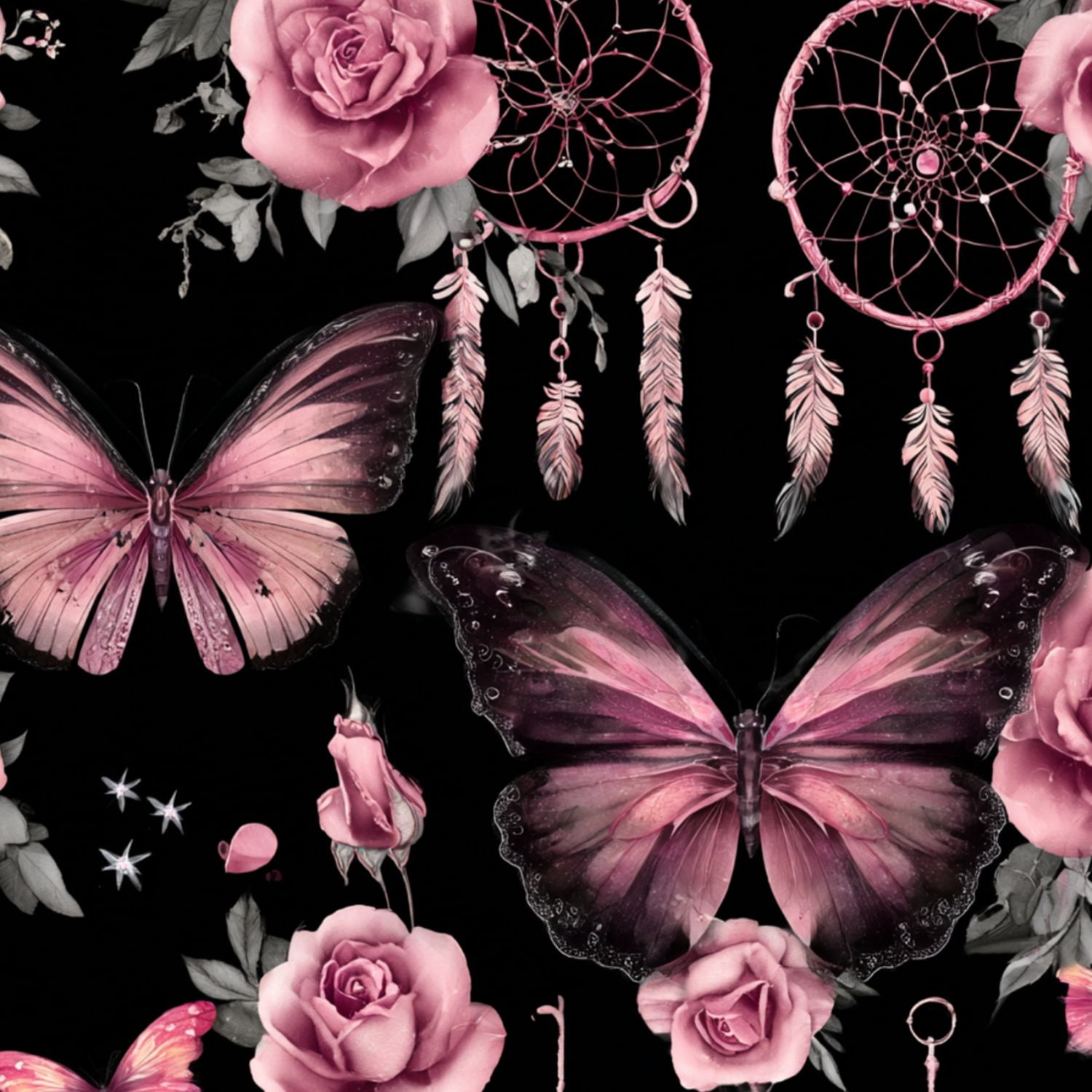 Peel and Stick Wallpaper Pink Butterflies Roses Dreamcatchers Black ...