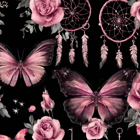 Peel and Stick Wallpaper Pink Butterflies Roses Dreamcatchers Black Romantic Fantasy Wall Mural 23.6in x 9.8ft Self Adhesive Removable Wall Paper Renter Friendly Wallpaper for Nursery Bedroom