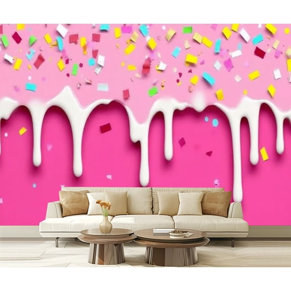 Peel and Stick Wallpaper Pink Ice Cream Melted Colorful Cute Candy Sprinkles Long Border Pink Modern Art Wall Mural Decor Self Adhesive and Removable 69in x 98in