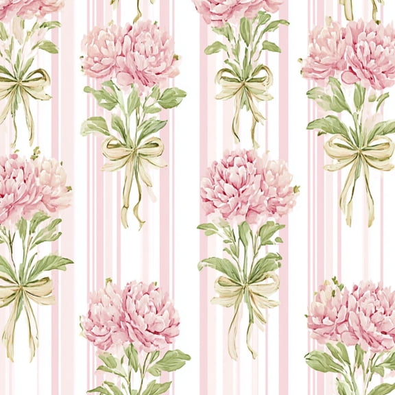 Peel and Stick Wallpaper Pink Peony Flower Bouquet Green Leaves Stripes Wall Mural 23.6in x 9.8ft Self Adhesive Removable Wall Paper Renter Friendly Wallpaper for Women Girl Bedroom Nursery