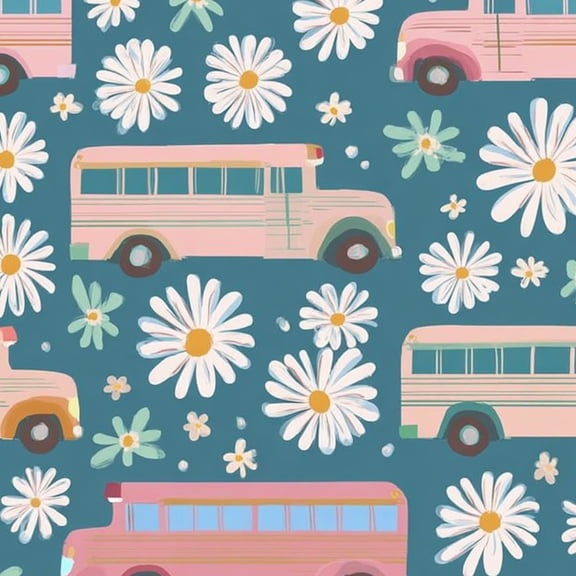 Peel and Stick Wallpaper Pink School Bus Daisy Flower Teal Wall Mural 23.6in x 9.8ft Self Adhesive Removable Wall Paper Renter Friendly Wallpaper for Nursery Bedroom Cabinets Back to School Decor