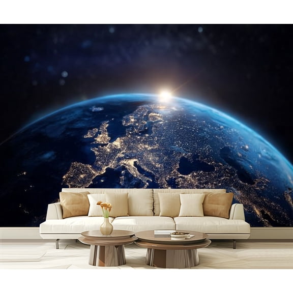 Peel and Stick Wallpaper Planet Earth viewed from space city lights Europe World sunrise Modern Art Wall Mural Decor Self Adhesive and Removable 69in x 98in