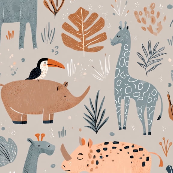 Peel and Stick Wallpaper Playful Animals Rhinos Giraffes Plants 24in x 118in Contact Paper Removable Self Adhesive Wall Mural Wall Decor for Bedroom Kitchen Cabinets