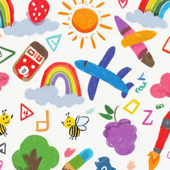 Peel and Stick Wallpaper Playful Doodles Rainbows Clouds Crayons Fun Icons Bright Colors Wall Mural 17.7in x 9.8ft Self Adhesive Removable Wall Paper Renter Friendly Wallpaper for Nursery Bedroom