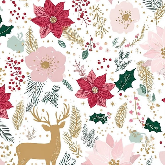 Peel and Stick Wallpaper Poinsettia Deer Gold Accents Floral Elements Wall Mural 17.7in x 9.8ft Self Adhesive Removable Wall Paper Renter Friendly Wallpaper for Nursery Bedroom Cabinets