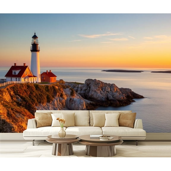 Peel and Stick Wallpaper Portland Head Lighthouse Cape Elizabeth Maine Sunrise Lighthouse Modern Art Wall Mural Decor Self Adhesive and Removable 69in x 98in