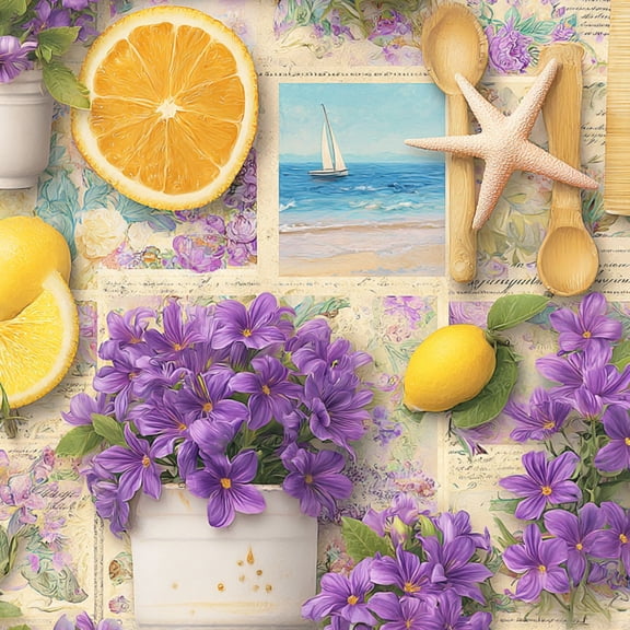 Peel and Stick Wallpaper Purple Flowers Citrus Slices Seashell Collage Botanical Elements Wall Mural 23.6in x 9.8ft Self Adhesive Removable Wall Paper Renter Friendly Wallpaper for Living Room