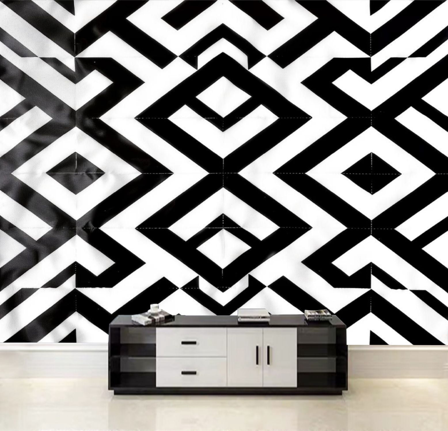 Peel and Stick Wallpaper Raster geometric ornament Black white pattern ...