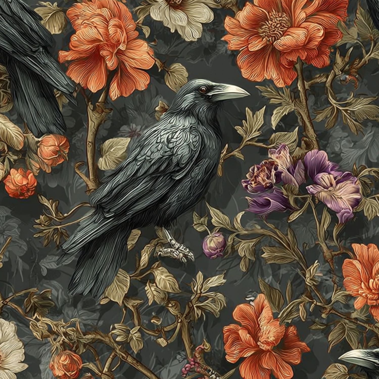 Peel and Stick Wallpaper Raven Birds Among Floral Blossom Vintage Botanical Style Wall Mural 17.7in x 9.8ft Self Adhesive Removable Wall Paper Renter Friendly Wallpaper for Nursery Bedroom Cabinets
