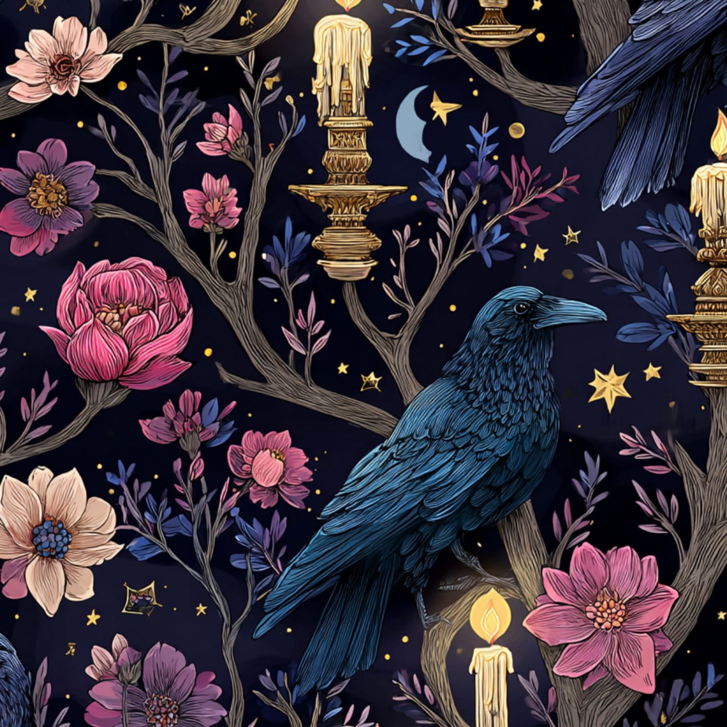 Peel and Stick Wallpaper Raven Floral Candles Starry Night Wall Mural 17.7in x 9.8ft Self Adhesive Removable Wall Paper Renter Friendly Wallpaper for Nursery Bedroom Cabinets