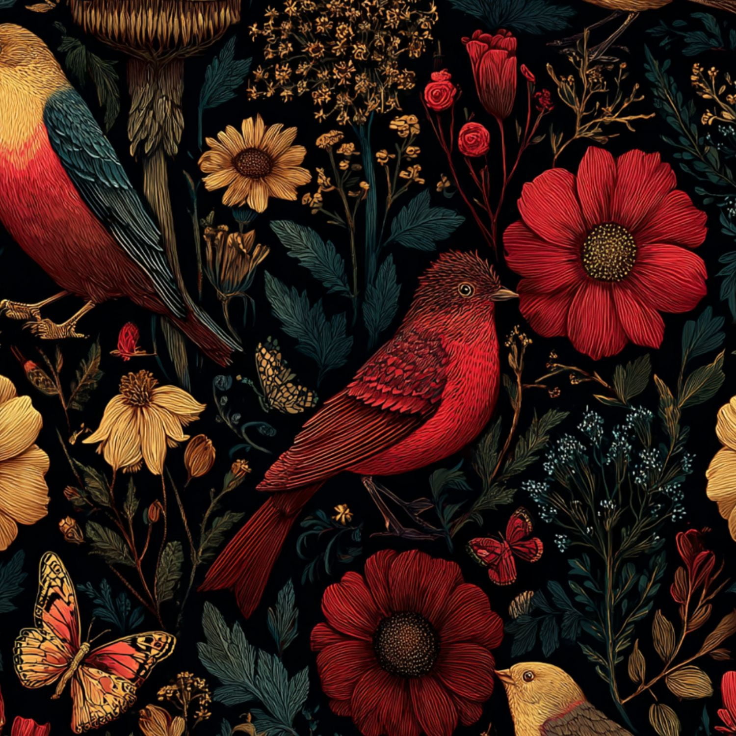 Peel and Stick Wallpaper Red Birds Flowers Butterflies Vintage Botanical Wall Mural 17.7in x 9.8ft Self Adhesive Removable Wall Paper Renter Friendly Wallpaper for Bedroom Livingroom Office Studio