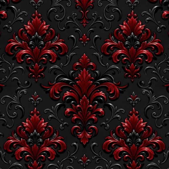 Peel and Stick Wallpaper Red Black Baroque Damask Ornamental 3D Glossy Floral Wall Mural 23.6in x 9.8ft Self Adhesive Removable Wall Paper Renter Friendly Wallpaper for Nursery Bedroom Cabinets