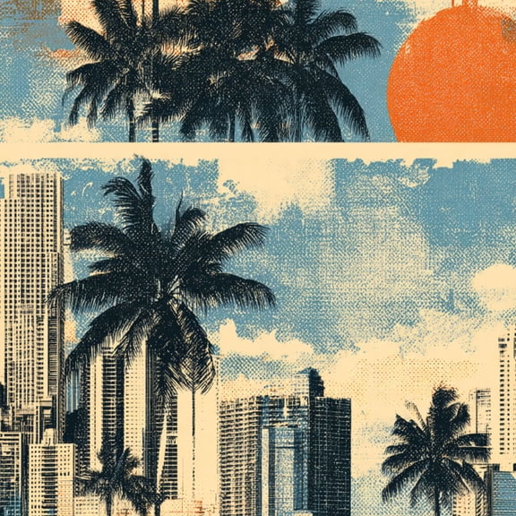 Peel and Stick Wallpaper Retro Urban Landscape Palm Trees Bold Sunburst Design Wall Mural 23.6in x 9.8ft Self Adhesive Removable Wall Paper Renter Friendly Wallpaper for Bedroom Kitchen Bathroom