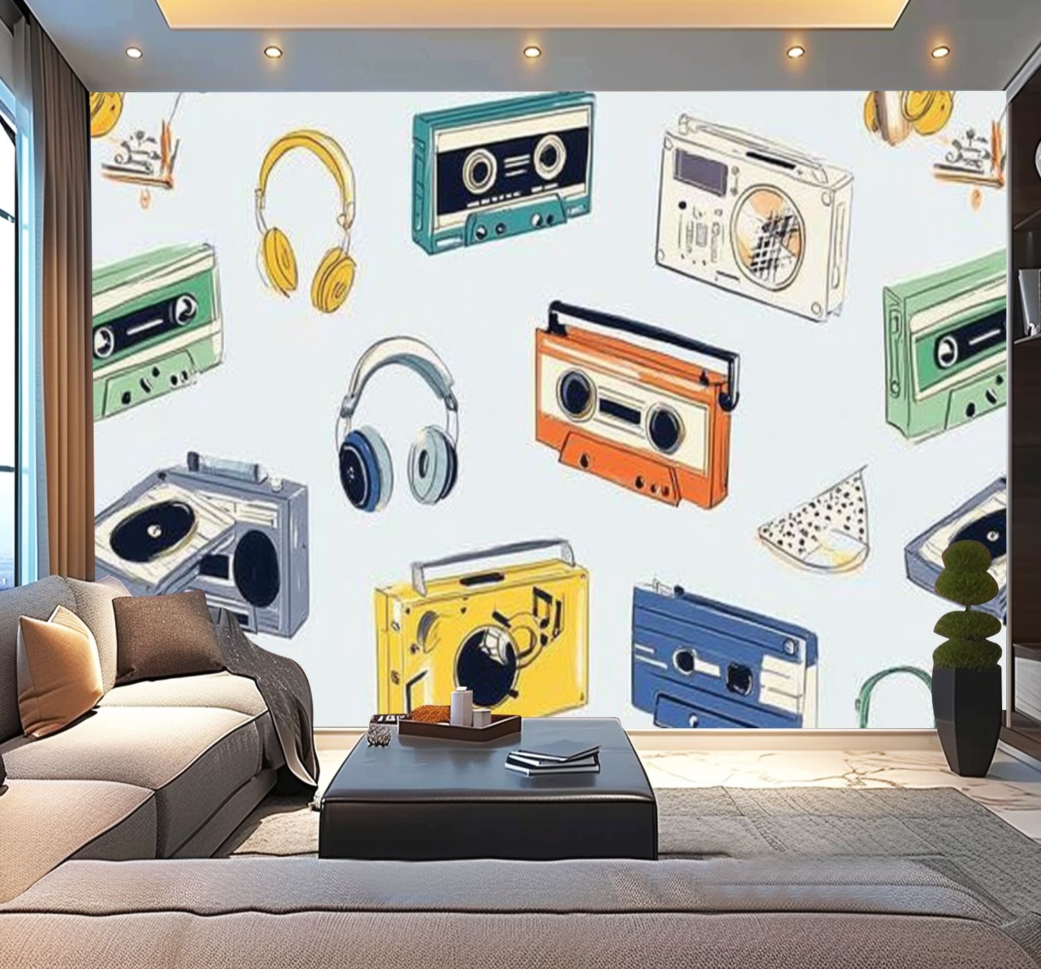 Peel and Stick Wallpaper Retro old cassettes boomboxes turntables tape recorders Modern Art Wall Mural Decor Self Adhesive and Removable 100in x 144in