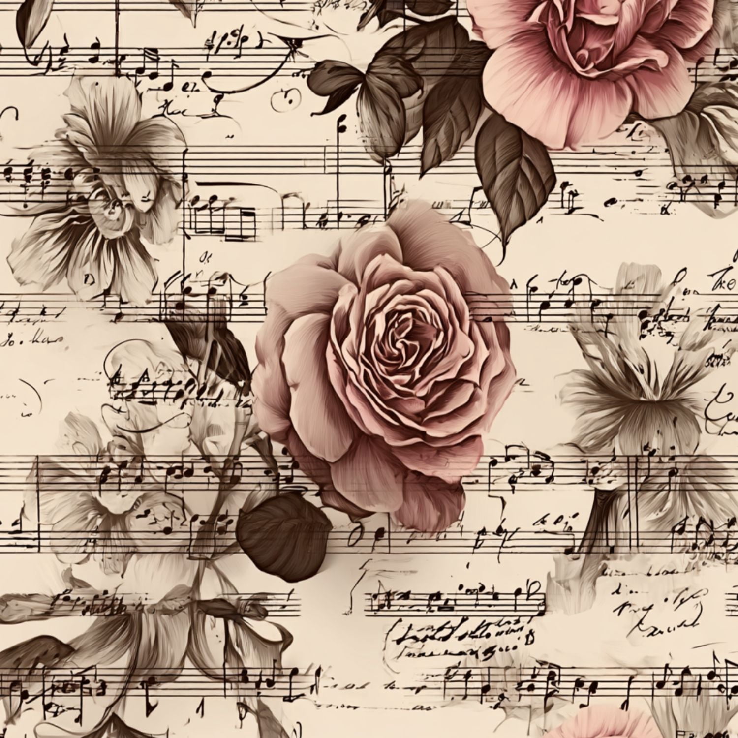 Peel and Stick Wallpaper Roses Floral Vintage Sheet Music Sepia Tones Wall Mural 23.6in x 9.8ft Self Adhesive Removable Wall Paper Renter Friendly Wallpaper for Nursery Bedroom Cabinets