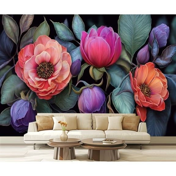 Peel and Stick Wallpaper Roses Peonies Leaves Flower Buds Petals Botanical Realistic Detailed Modern Art Wall Mural Decor Self Adhesive and Removable 69in x 98in