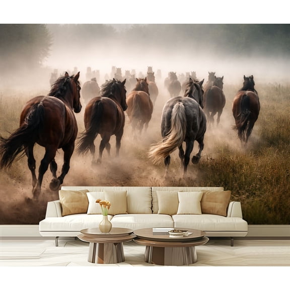 Peel and Stick Wallpaper Running Wild Horses Herd Dusty Field Dramatic Motion Natural Landscape Modern Art Wall Mural Decor Self Adhesive and Removable 69in x 98in