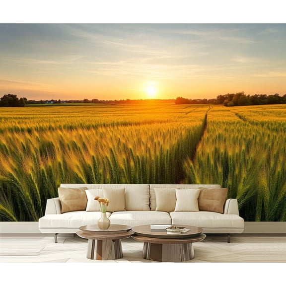 Peel and Stick Wallpaper Rural Landscape Wheat Field Sunset Golden Wheat Wide Field Distant Modern Art Wall Mural Decor Self Adhesive and Removable 69in x 98in