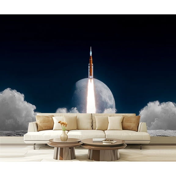 Peel and Stick Wallpaper SLS space rocket sky clouds Mission to Moon Spaceship launch from Modern Art Wall Mural Decor Self Adhesive and Removable 69in x 98in