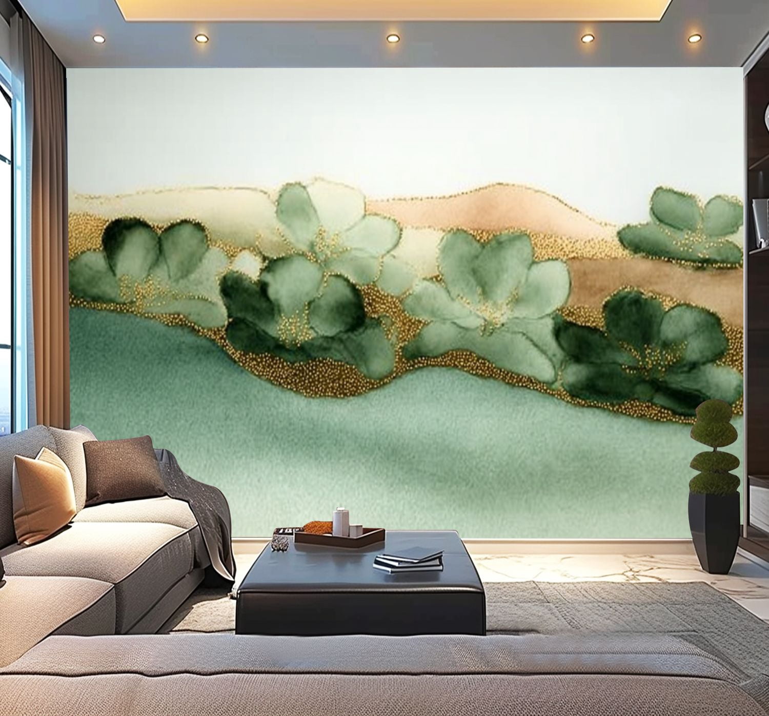 Peel and Stick Wallpaper Sage Green Abstract Green Minimalist Modern Beige Gold Green Green Modern Art Wall Mural Decor Self Adhesive and Removable 100in x 144in
