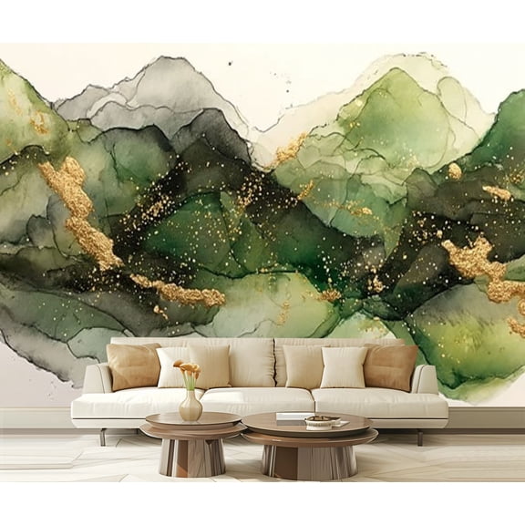 Peel and Stick Wallpaper Sage Green Abstract Green Minimalist Modern Marble Line Beige Gold Modern Art Wall Mural Decor Self Adhesive and Removable 69in x 98in