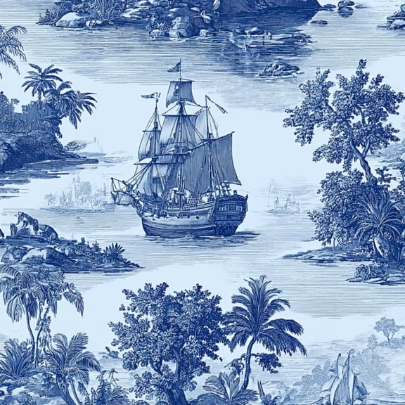 Peel and Stick Wallpaper Sailing Ship Tropical Islands Blue Toile coastal Wall Mural 17.7in x 9.8ft Self Adhesive Removable Wall Paper Renter Friendly Wallpaper for Bedroom Livingroom Office Studio