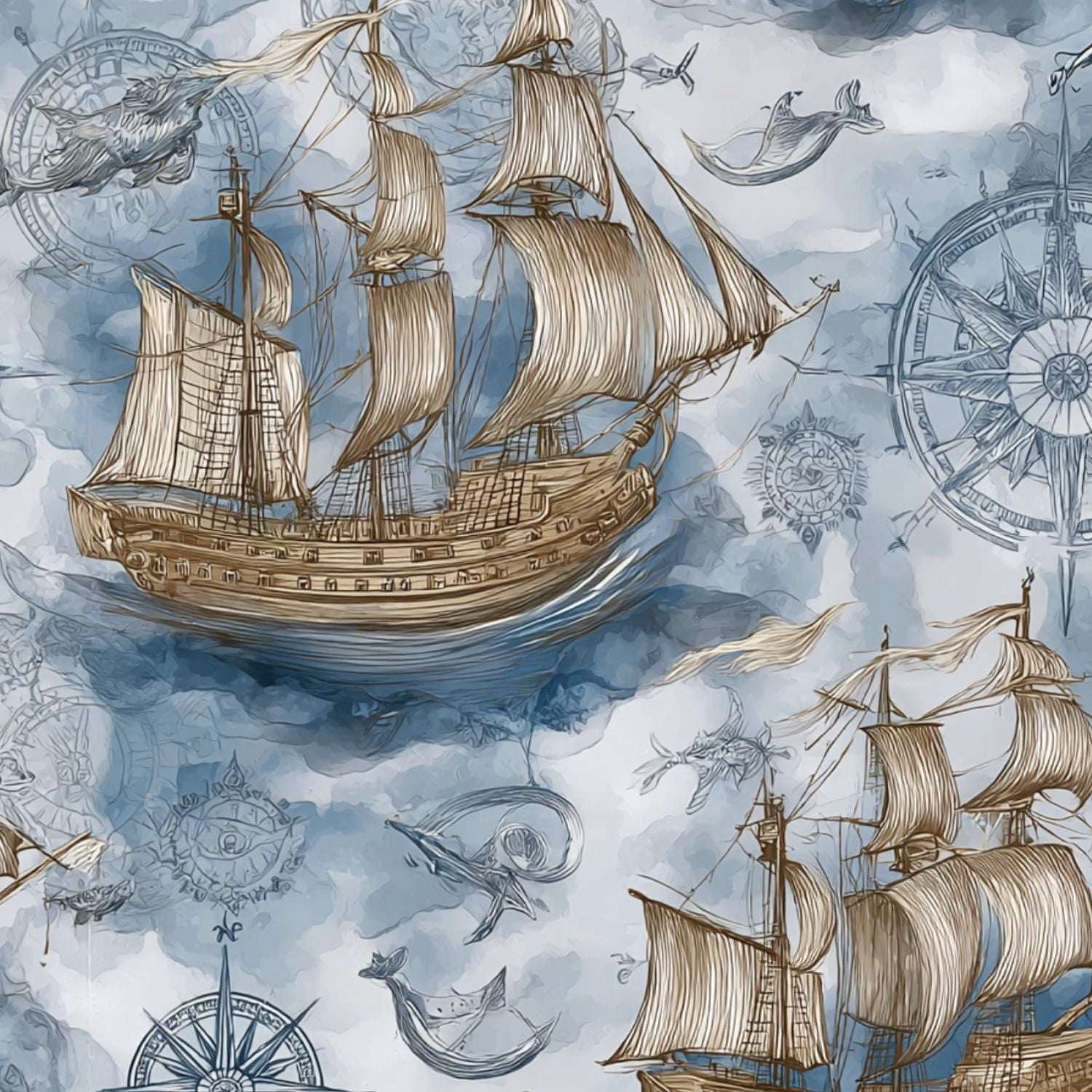 Peel and Stick Wallpaper Sailing Ships Nautical Map Vintage Compass Ocean Wall Mural 17.7in x 9.8ft Self Adhesive Removable Wall Paper Renter Friendly Wallpaper for Bedroom Livingroom Office Studio