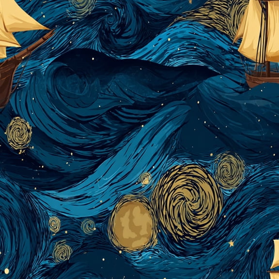 Peel and Stick Wallpaper Sailing Ships Starry Night Ocean Swirling Waves Golden Stars Wall Mural 23.6in x 9.8ft Self Adhesive Removable Wall Paper Renter Friendly Wallpaper for Bedroom Livingroom