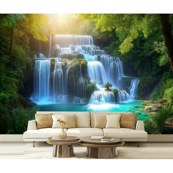 Peel and Stick Wallpaper Scenic Waterfall Sunshine River Forest Nature Wilderness Photography Modern Art Wall Mural Decor Self Adhesive and Removable 69in x 98in