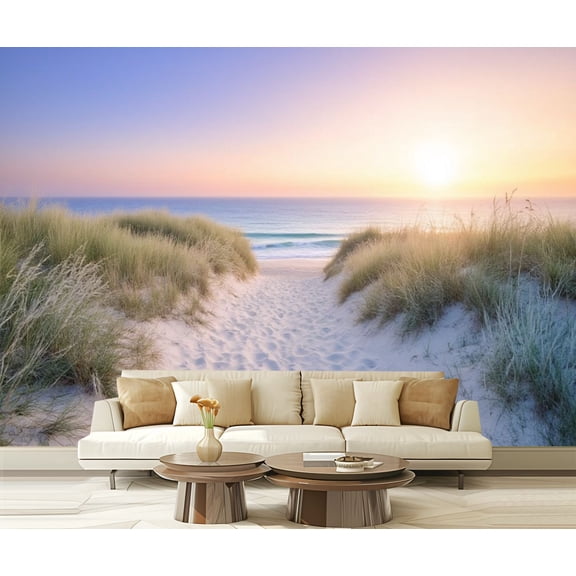 Peel and Stick Wallpaper Sea Beach Nature Landscape Sky Sun Geometric Shapes Curved Lines Modern Art Wall Mural Decor Self Adhesive and Removable 69in x 98in