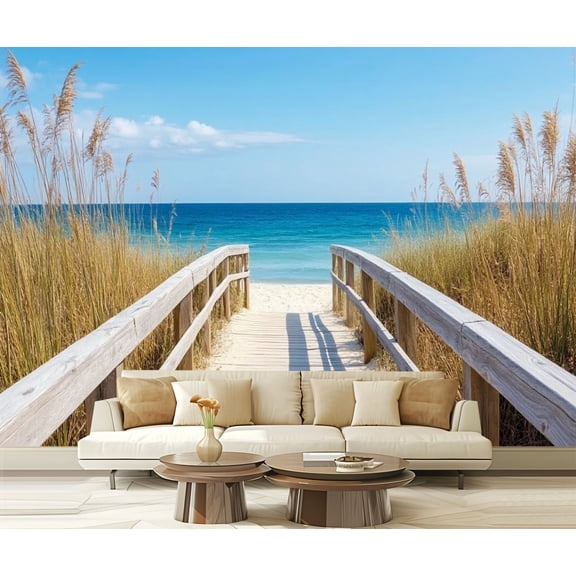 Peel and Stick Wallpaper Sea Beach Nature Landscape Sky Sun Wooden Path Grasses Natural Modern Art Wall Mural Decor Self Adhesive and Removable 69in x 98in