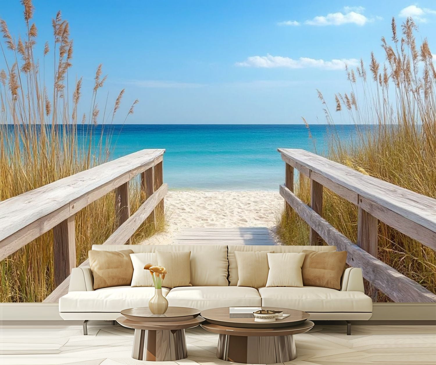 Peel and Stick Wallpaper Sea Beach Nature Landscape Sky Sun Wooden Path ...