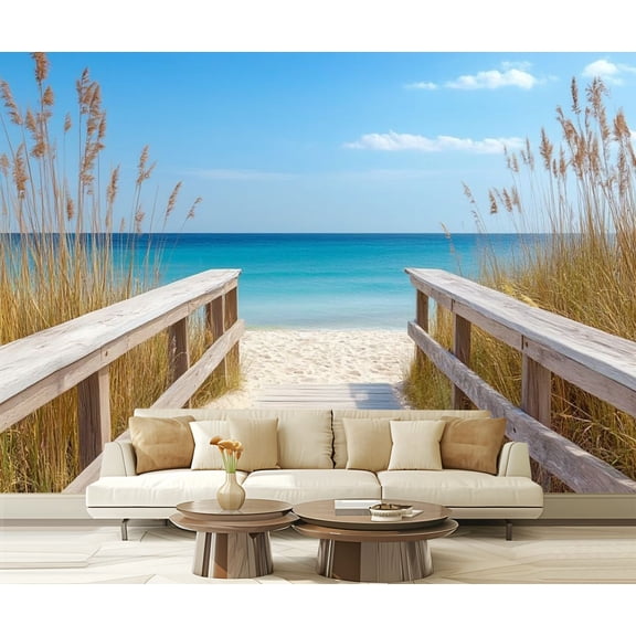 Peel and Stick Wallpaper Sea Beach Nature Landscape Sky Sun Wooden Path Grasses Natural Modern Art Wall Mural Decor Self Adhesive and Removable 69in x 98in