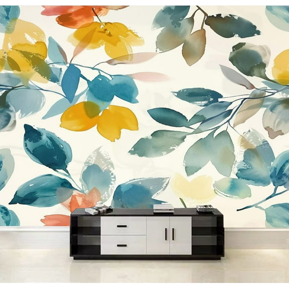 Peel and Stick Wallpaper Seamless flower pattern abstract floral watercolor texture yellow blue Canvas Texture Removable Wall Murals Large Wall Stickers for Living Room Bedroom Home Decoration