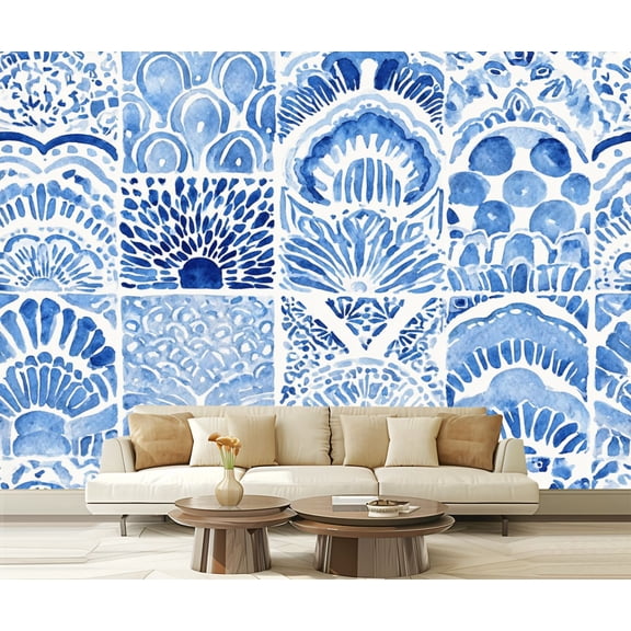 Peel and Stick Wallpaper Seamless moroccan Wavy vintage tile Blue white watercolor ornament 100"x144" Contact Paper Removable Self Adhesive Wall Mural Wall Decor for Bedroom Kitchen Cabinets
