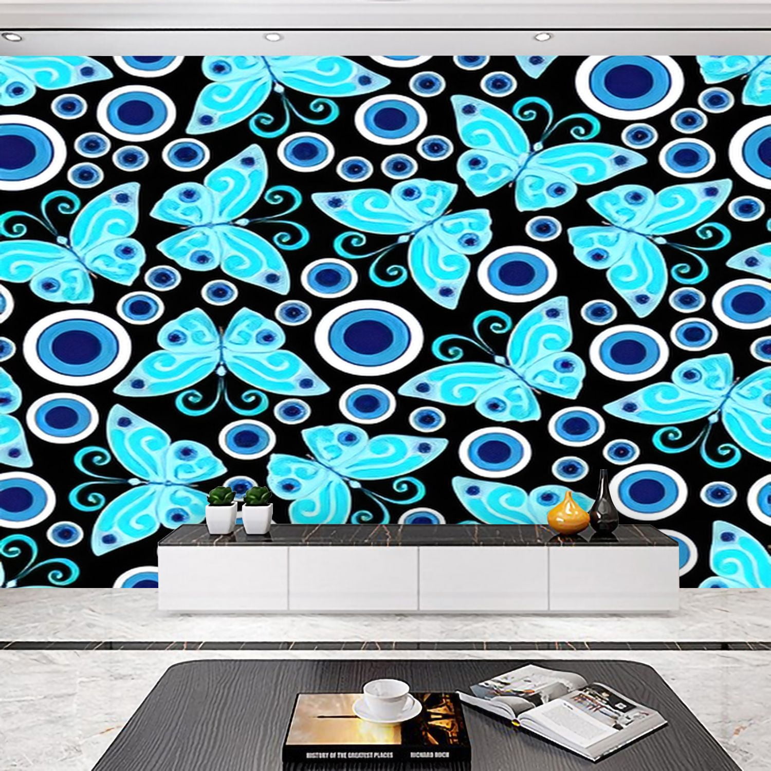 Peel and Stick Wallpaper Seamless pattern Blue butterflies hand drawn ...