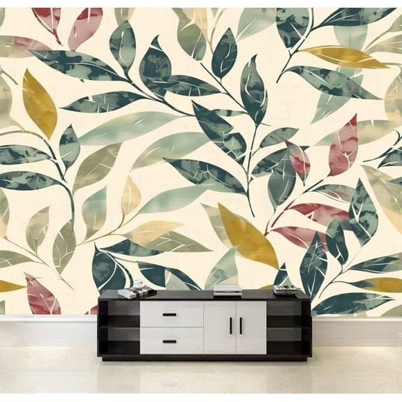 Peel and Stick Wallpaper Seamless pattern leaves textured green olive green leaves half white Canvas Texture Removable Wall Murals Large Wall Stickers for Living Room Bedroom Home Decoration