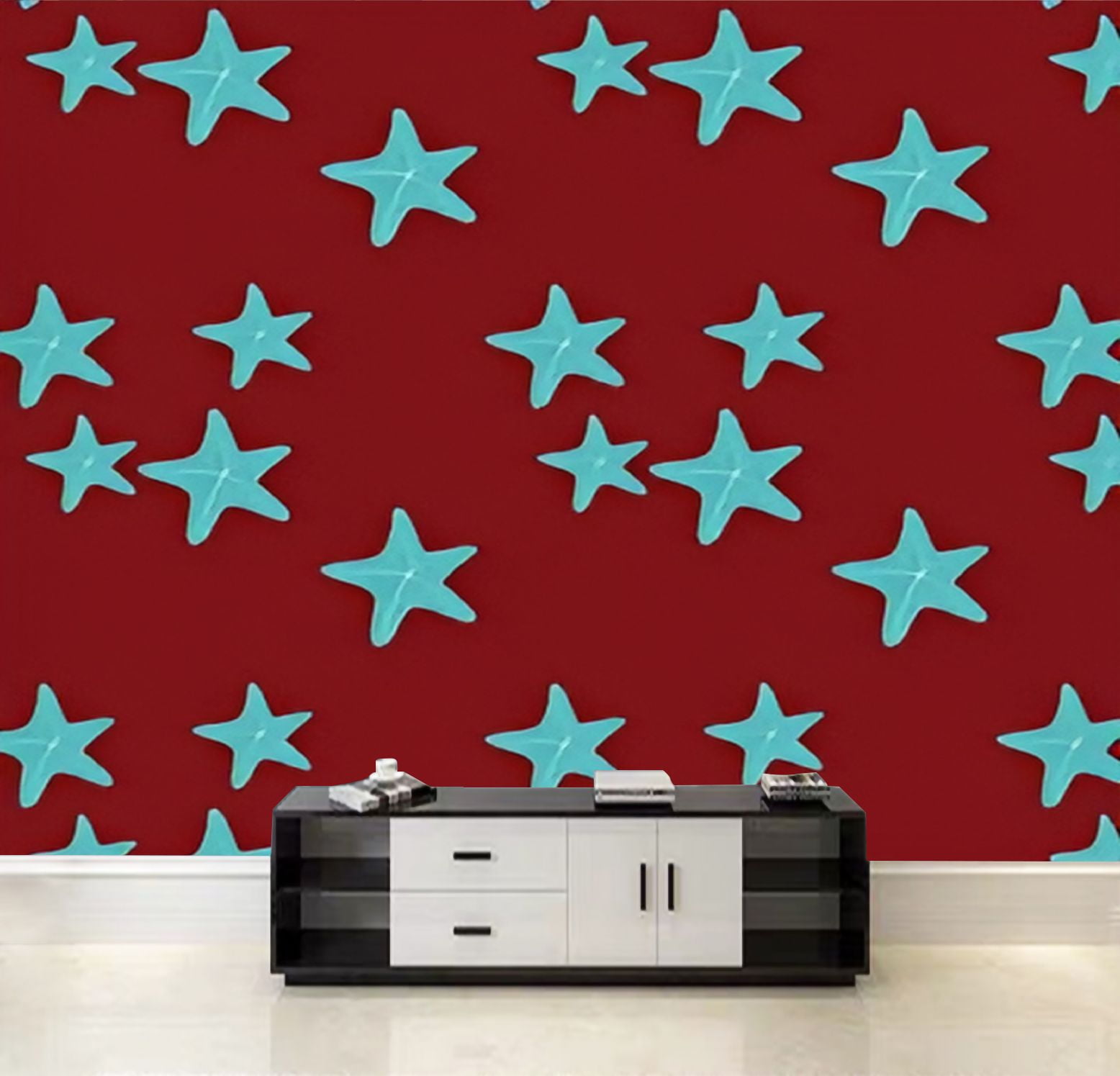 Peel and Stick Wallpaper Seamless pattern watercolor blue stars fish