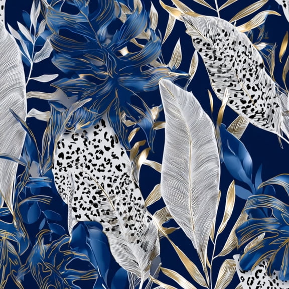 Peel and Stick Wallpaper Seamless white tropical leaves gold elements blue leopard 24in x 118in Contact Paper Removable Self Adhesive Wall Mural Wall Decor for Bedroom Kitchen Cabinets