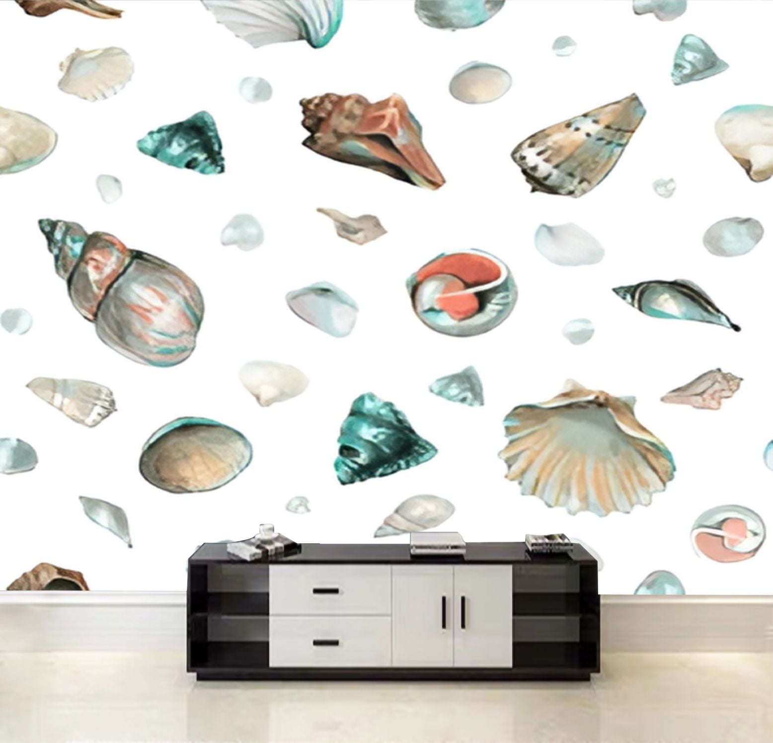 Peel and Stick Wallpaper Seashell Pattern Hand drawn watercolor